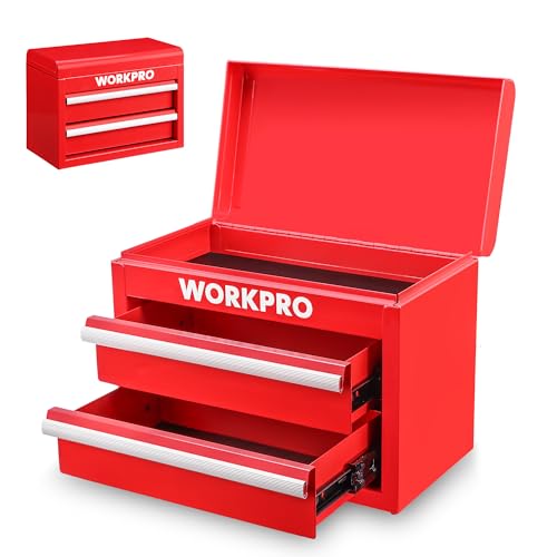 WORKPRO Metal Mini Tool Box, Top Tool Chest containing Two Drawers with Ball Bearing Slides, PVC Drawer Liners and PP Feet Pads, Durable Cold Rolled Steel Small Toolbox for Multi-Purpose Sto