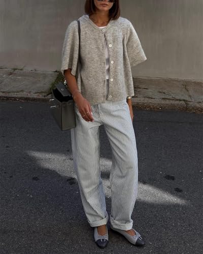 Women Knitted Crop Cardigan Shirt Short Sleeve Y2k Button up Knit Cute Going Out Sweaters4