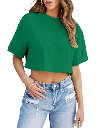 Image of Tankaneo Women Crop T-Shirts Half Sleeve Drop Shoulder Cropped Tops Y2K Casual Summer Basic Tees