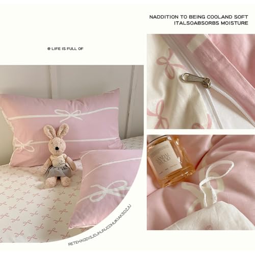 Image of Nayoroom Pink Bow Duvet Cover Queen Size Kids Girls Cute Coquette Bedding Set 3 Pcs Soft Microfiber Reversible White Striped Comforter Cover Gifts for Women