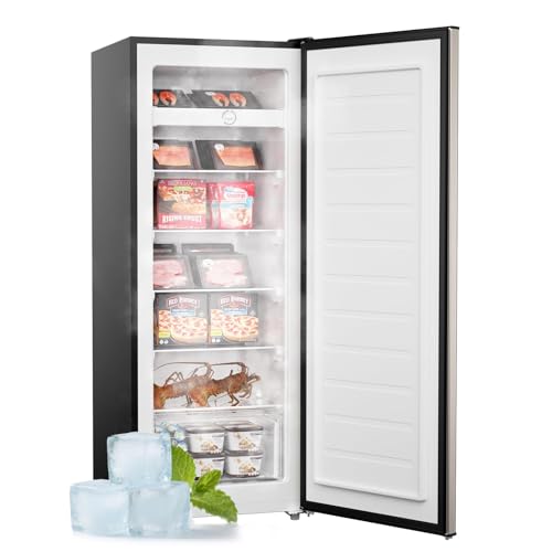 Folbrine 7.0 Cu.Ft Upright Freezer, Large Capacity Stand Up Freezers with 5 Adjustable Shelves, Convertible Refrigerator/Freezer, Reversible Door for Home, Basement, Apartment (Stainless)
