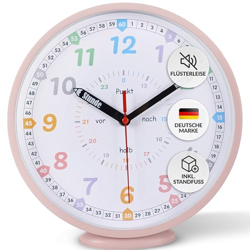 LATENO - Wanduhr Kinder Rosa - zum Aufstellen oder Aufhängen - 25 cm - Analoge Kinderwanduhr für Jungen & Mädchen - Lernuhr Kinder ohne Tickgeräusche - Wanduhr Kinderzimmer lautlos - Uhr Kinderzimmer