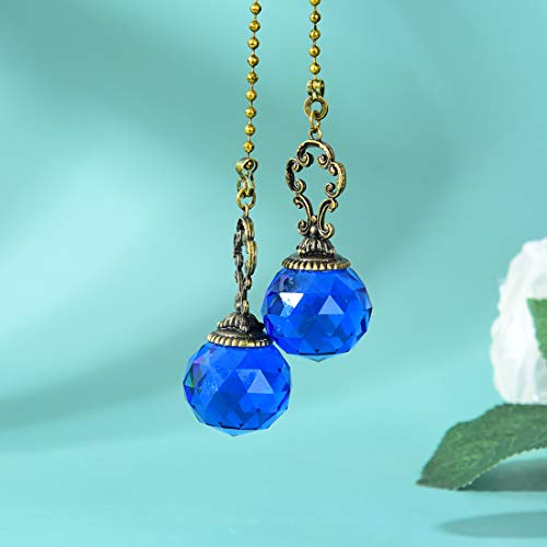 Image of Set of 2 Vintage-Style Blue Fan Pull Ceiling Fan Chain Pulls Crystal Prism Ball
