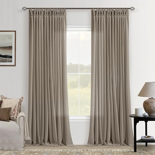 Image of Taupe Pinch Pleated Semi Sheer Linen Curtains 90 Inch Long for Living Room
