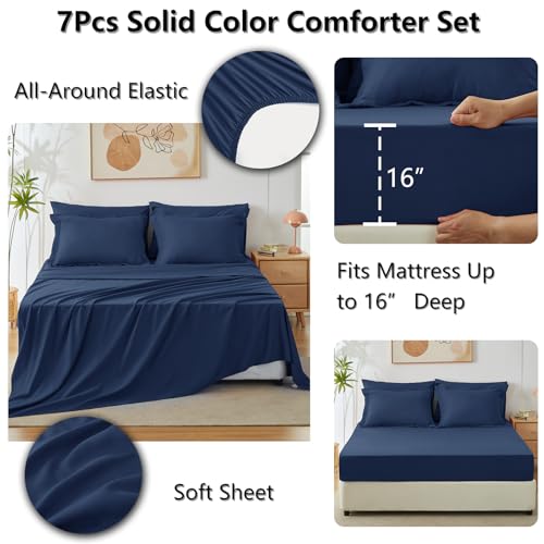 CozyLux Queen Comforter Set Navy Blue, 7 Pieces Bed in a Bag Bedding Comforter Set with Sheets, All Season Boho 7PC Bed Sets with Comforter, Fitted Sheets, Flat Sheets, Pillow Shams and Pillowcases
