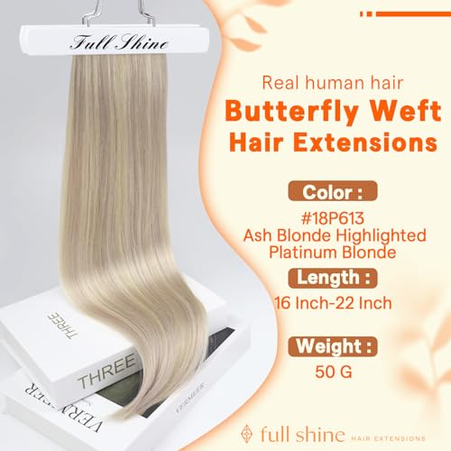 Image of Full Shine Butterfly Weft Hair Extensions Human Hair, 20 Inch 50G Ash Blonde Highlights Bleach Blonde, Seamless Micro Beads OVO Weft, Silky Straight Hairpiece for Wedding