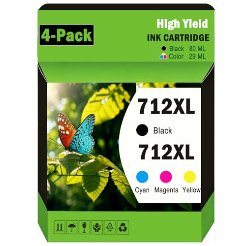 Image of 712XL Ink Cartridges High Yield Replacement for DesignJet T650 T630 T230 T210 Studio Plotter Printer (4 Pack 80ml Black 29ml Cyan Magenta Yellow