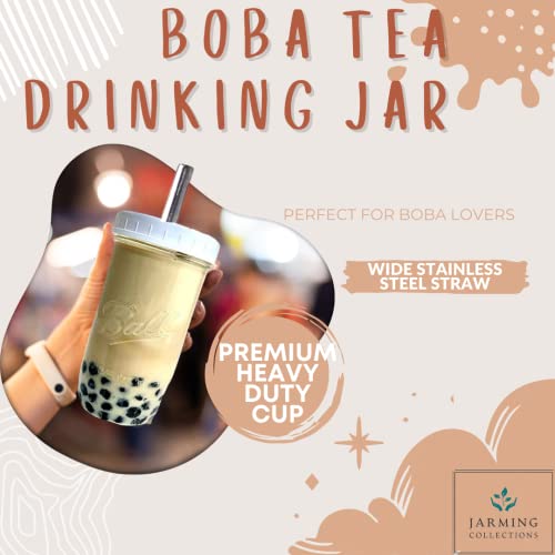 Jarming Collections Reusable & Leak Free Boba Cup, White Silver Smoothie/Bubble Tea Cup, Boba Tea Cup, Glass Cups With Lids And Straws, 2 Glass Wide Mouth Mason Jars 24Oz #TOP4