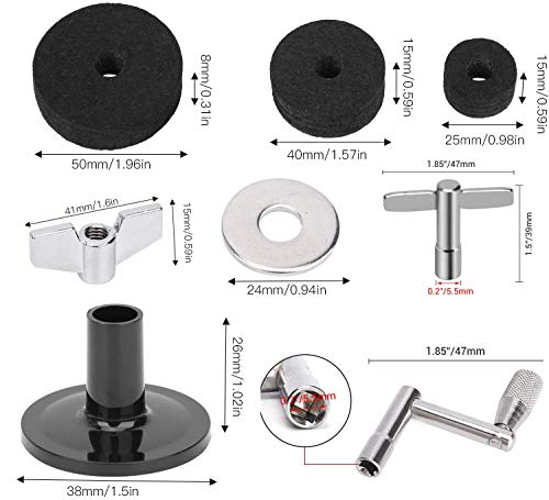 23 Pieces Cymbal Replacement Accessories Cymbal Felts Hi-Hat Clutch Felt Hi Hat Cup Felt Cymbal Sleeves with Base Wing Nuts Cymbal Washer and Drum Keys for Drum Set (Black)