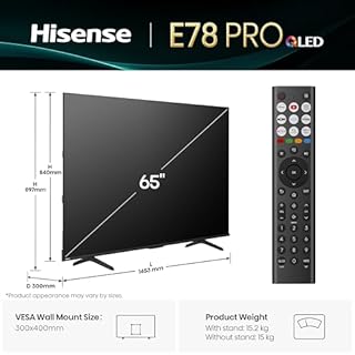 Hisense 65" 65E78QTUK PRO 144Hz QLED Smart AI TV - Hi-View AI Engine, 144Hz Game Mode PRO, Dolby Atmos, Quantum Dot Colour with Freely, Disney +, YouTube, Netflix