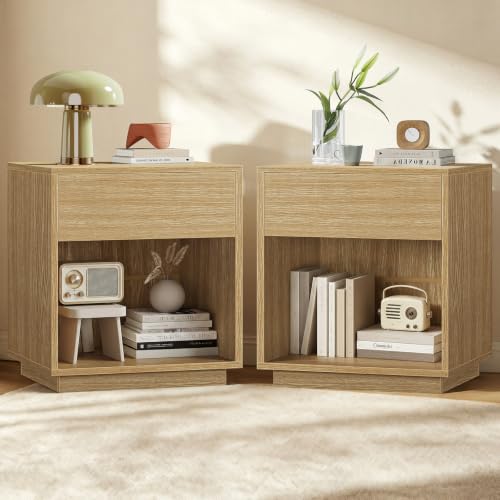 Image of TEENFON Nightstands Set of 2, Night Stand with Drawer and Open Shelf, Nightstands Bedside Table with Removable Fabric Drawer, Night Stands for Bedroom, Small Space, Natural