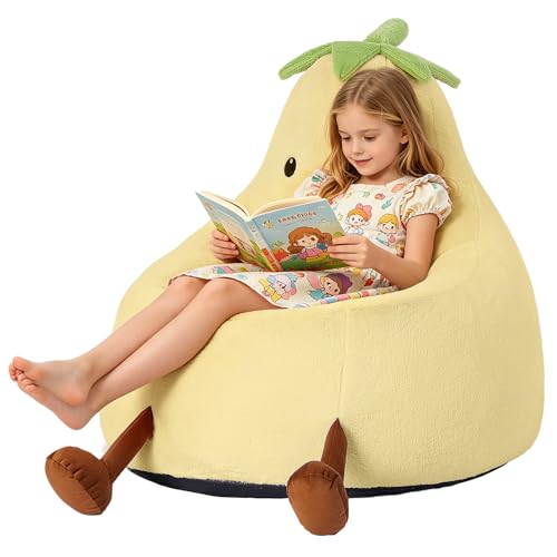Image of 24 Inches Memory Foam Bean Bag Chair - Ultra Soft Faux Rabbit Fur Round Sofa with Handle & Machine Washable Cover, Comfy Lazy Chair for Kids Teens, Perfect for Reading Gaming in Living Room,Yellow