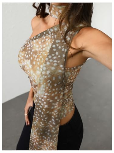Image of RoseSeek Women's Y2K Leopard Polka Dots Halter Asymmetrical Neck Crop Tops