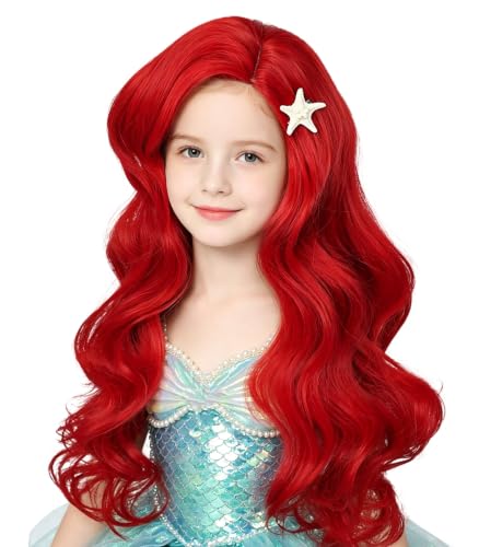 Probeauty Kids Mermaid Wig with Starfish Hair Clips, 21inch Girls Red Mermaid Wigs Curly Wave Wig for Halloween Costume
