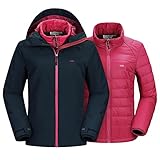 33,000ft Damen 3-in-1 Skijacke Wasserdichte Doppeljacke Winterjacke Snowboardjacke Gefüttert Regenmantel Funktionsjacke Softshell Winterjacke mit Kapuze & 7 Taschen Darkblau+Pink L