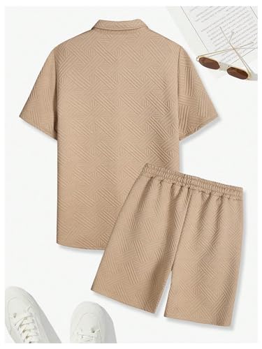 GORGLITTER Men's 2 Piece Summer Beach Outfits Waffle Knit Short Sleeve Button Down Shirt Top and Shorts Set2