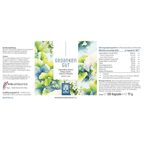NATURTREU® Ginkgo-Biloba 50:1 & Löwenmähne Pilz Komplex - mit Brahmi-Extrakt Cholin & L-Cystein – 120 Kapseln vegan und hochdosiert mit 30% Polysaccharide und 5% Beta-Glucane
