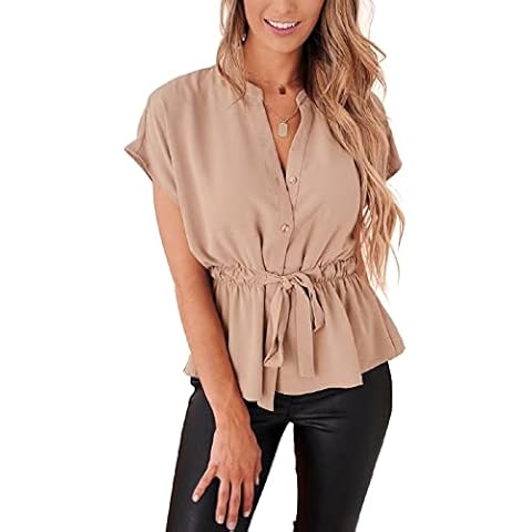 Womens Button Down Blouses Casual Peplum Summer Tops Dressy Chiffon Work Blouse Apricot Cover