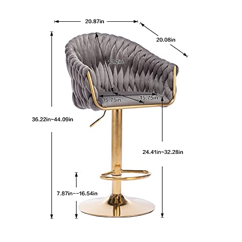 Nioiikit Velvet 360° Swivel Bar Stools With Hand Woven Backrest Design Upholstered Adjustable Counter Bar Stool With Golden Bracket Back And Footrest Bar Chair For Kitchen, Pub (1, Grey) #TOP6