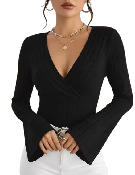 Image of Women Ribbed Knit V-Neck Wrap Top | Long Flare Sleeve Slim Fit Stylish Blouse for Casual
