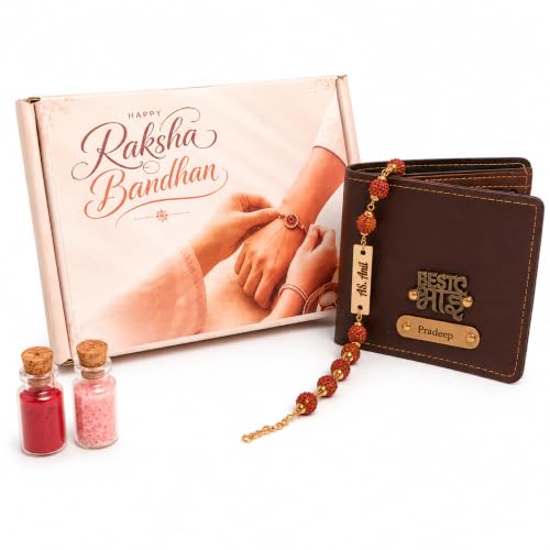 Image of Customised Raksha Bandhan Gift Hamper for Brother | Personalized Name Wallet & Rakhi with Custom, Engraved Name & Charm | Greeting Card, Roli Chawal Included | Rakhi Gift Set for Bhai