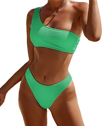 Image of YIMISAN Women's Ribbed Bikini Sets One Shoulder Top with Mid Waist Two Piece Bathing Suit