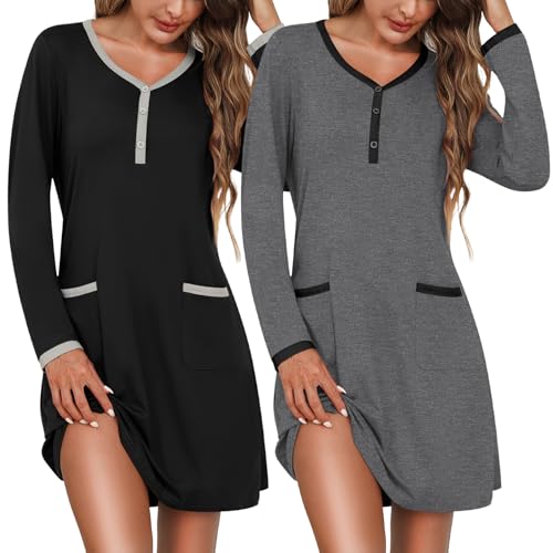 Marvmys Women's 2 Pack Nightgown Long Sleeve Henley Sleepshirt Soft Short Pajama Dress with Pockets Black& Dark Grey Small