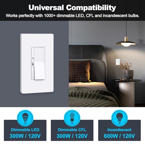 Image of BESTTEN 6PK Slim Dimmer Light Switch, Single Pole or 3 Way Dimmable Switch | ETL Listed, Max 300W LED, CFL, 600W Incandescent, Quiet Rocker, Screwless Wall Plate Included, White