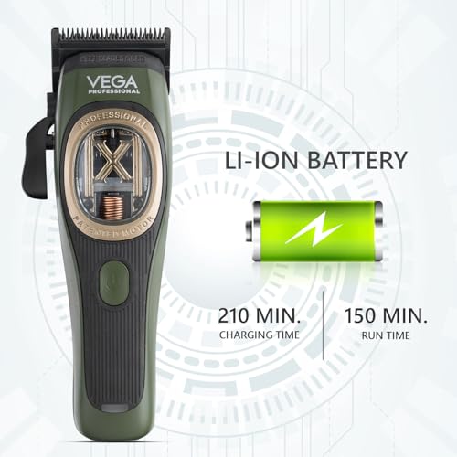 Image of VEGA PROFESSIONAL Vector 2.0 Cordless Hair Clipper with Smart Torque Control Technology| DLC Stainless Steel Faper Blades| 150 Min Runtime| Trimmer /Clipper for Hair Cutting| 6 Magnetic Combs (VPPHC-12)