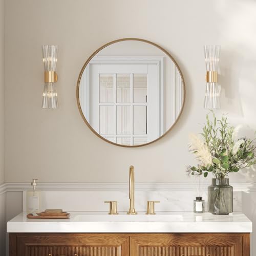 Image of USHOWER 24 Inch Gold Round Bathroom Mirrors for Over Sink | Circle Mirror with Aluminum Frame, Wall Mirror for Vanity, Entryway, Living Room, Hallway and Bedroom Decor