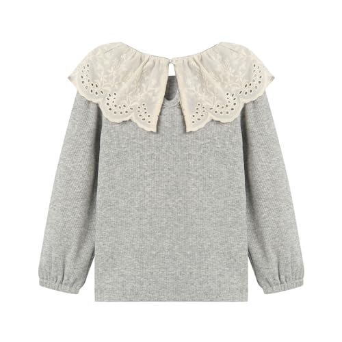 Image of LittleSpring Girls Ribbed Knit Long Sleeve Tshirt with Lace Ruffle Collar