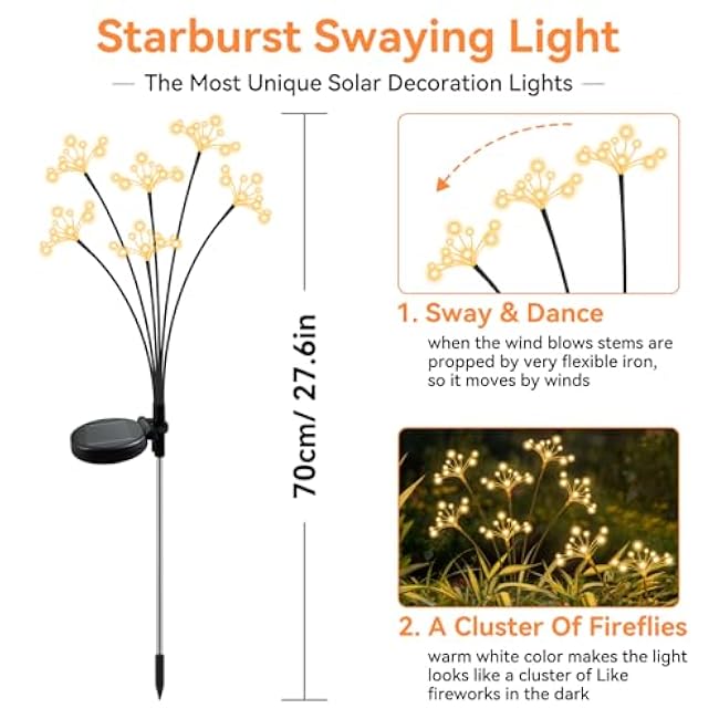 Solar Garden Lights, New Upgraded 2 Pack Solar Swaying Starburst Light, Waterproof Fireworks Outdoor Lights, Yard Patio Pathway Decoration, Warm White