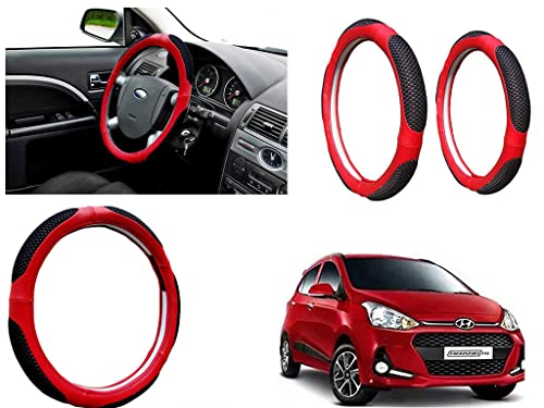 Image of Microfiber Car Steering Wheel Cover, Soft Padding Great Hand Feel, Anti-Slip, Faux Leather Steering Cover for Hyundai I10 Grand 2017 | Black Red Jali - Pack of 1