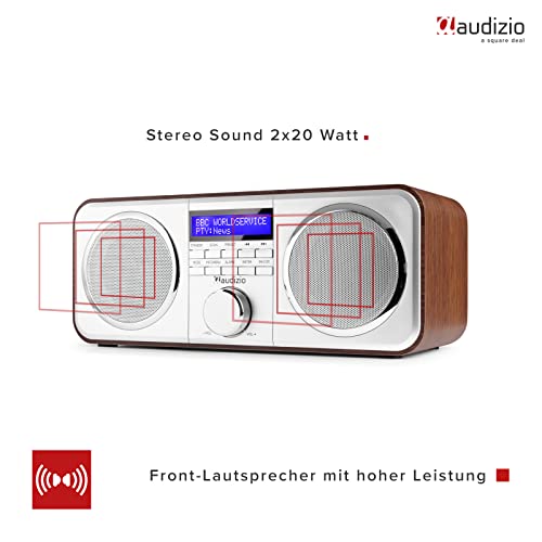 Audizio Novara - DAB Plus Radio, UKW Radio, Digitalradio mit Kopfhöreranschluss, Alarm Radiowecker, Snooze, 20 Speicherplätze, DAB Küchenradio, Stereo Kompaktanlage mit Display - Silber Holz – Bild 5