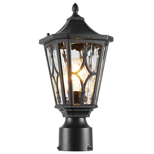 Image of JYZ Outdoor Post Lights Lamp Post Light Fixture, 14'' Pole Lantern with E26 Base 60W Max & Waterproof Aluminum Housing with Water Ripple Glass, Fence Post Deck Lighting for Garden, Patio, Pathway