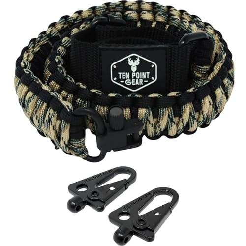Ten Point Gear - 2 Point Gun Sling 550 Rated Outdoor Paracord with Adjustable Swivels and Clips for Rifle, Shotgun, and Crossbow Perfect for Hunting, Shooting, Gun Safety - Black & Tan/Green Camo