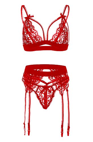 MOHSILY Red Lingerie Set for Women Lace Garter Belt Teddy Babydoll Bra and Panty