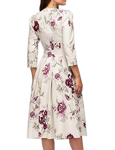 Simple Flavor Women's Floral Vintage Dress Elegant Autumn Midi Evening Dress 3/4 Sleeves (Beige, S) #TOP1