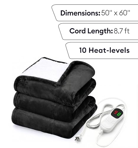 Image of Heated Blanket Electric Throw 50 inchx60 inch - Safe Electric Heating Blanket with Auto Shut-Off & Overheat Protection, 10 Heat Settings, Washable Heated Throw for Couch, Bed, Office & Dorm, Charcoal Black