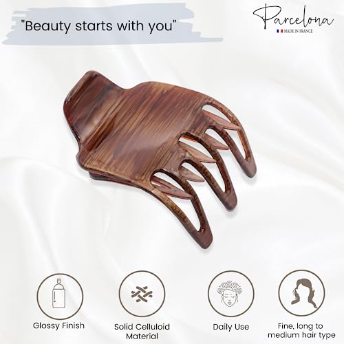 Pinzas de cabello Parcelona French Paw Wide Side Slide Yoga Jaw, fuerte agarre, antideslizantes para mujeres, color marrón con vetas, hechas en Francia miniatura 2