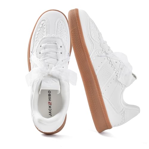 JACKSHIBO Women's Ribbon Lace-Up Fashion Sneakers Classic Retro Gum Sole Non Slip Tennis Walking Shoes Arch Support Orthopedic Leather Low Top Lace Casual Skate Shoes with Memory Foam White Size 9