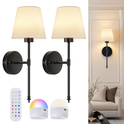 Image of Battery Operated Wall Sconces Set of 2, Wireless Battery Wall Light with 5200mAh Dimmable Bulbs with Remote,RGB15 Colors Wireless Wall Lamps for Bedroom Living Room Hallway Decor-Brass Black