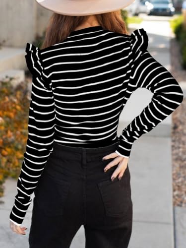 Lacozy Women Ruffle Long Sleeve Crew Neck Sweaters 2025 Fall Trendy Knit Slim Fit Striped Pullover Casual Tops4