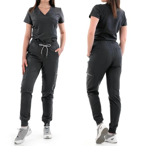 B-well Ricci Medizinische Schlupfhose Jogger 7 Taschen mit elastischem Bund und Gesäßtaschen Krankenhaus Uniformhose Anti-Falten mit Elasthan (Graue Melange, M) – Bild 2