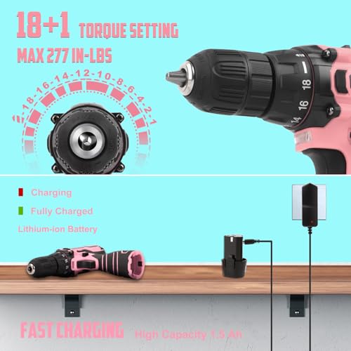 image for YOUGFIN Pink Drill Set for Women, Tool Kit with Drill 12V or Home Offi