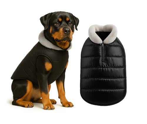 Image of The Pets Company Dog Winter Coat Jacket, Clothes, Windproof, Waterproof, Light Weight, Washable, Ultra Warm Thick Fleece Lined Dog Vest for Cold Weather Protection, (Black, X-Large - 28 Inch)