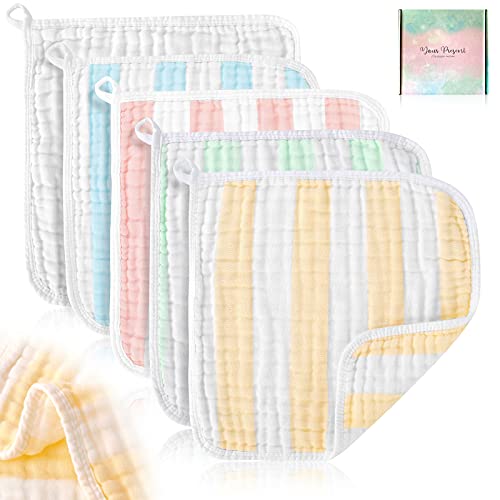 Muslin Baby Washcloths ,HardNok 6-Layer Muslin Face Towel ,Soft Burp Cloth,Natural Baby Wipes for Sensitive Skin, Baby Registry as Shower Gift (5 Pack 12 x 12,Multicolored)