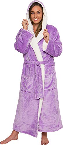 Women's Sherpa Lined Long Robe - Luxury Full Length Plush Fleece Bathrobe - Silver Lilly (Lavender, Small / Medium)