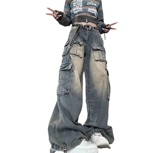 BXCNCKD Women's Casual Pants Y2K Denim Pants Hip-hop Multi Pocket Workwear Jeans Women's Wide Leg Loose Jeans