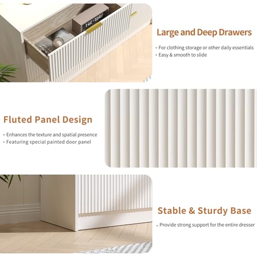 Image of White 6 Drawer Dresser Bedroom,55 inch Wide Large White Fluted Dresser with Gold Handles, Modern Chest of Drawer for Closet, Bedroom, Living Room